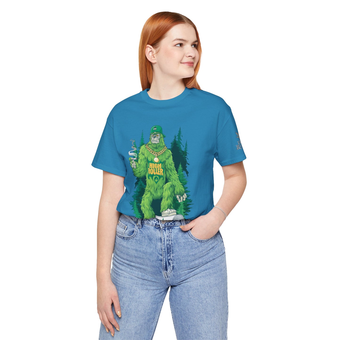 Bigfoot HIGH ROLLER Halloween Cannabis Forest T-Shirt - Premium Sasquatch Lifestyle Legend 420 Apparel