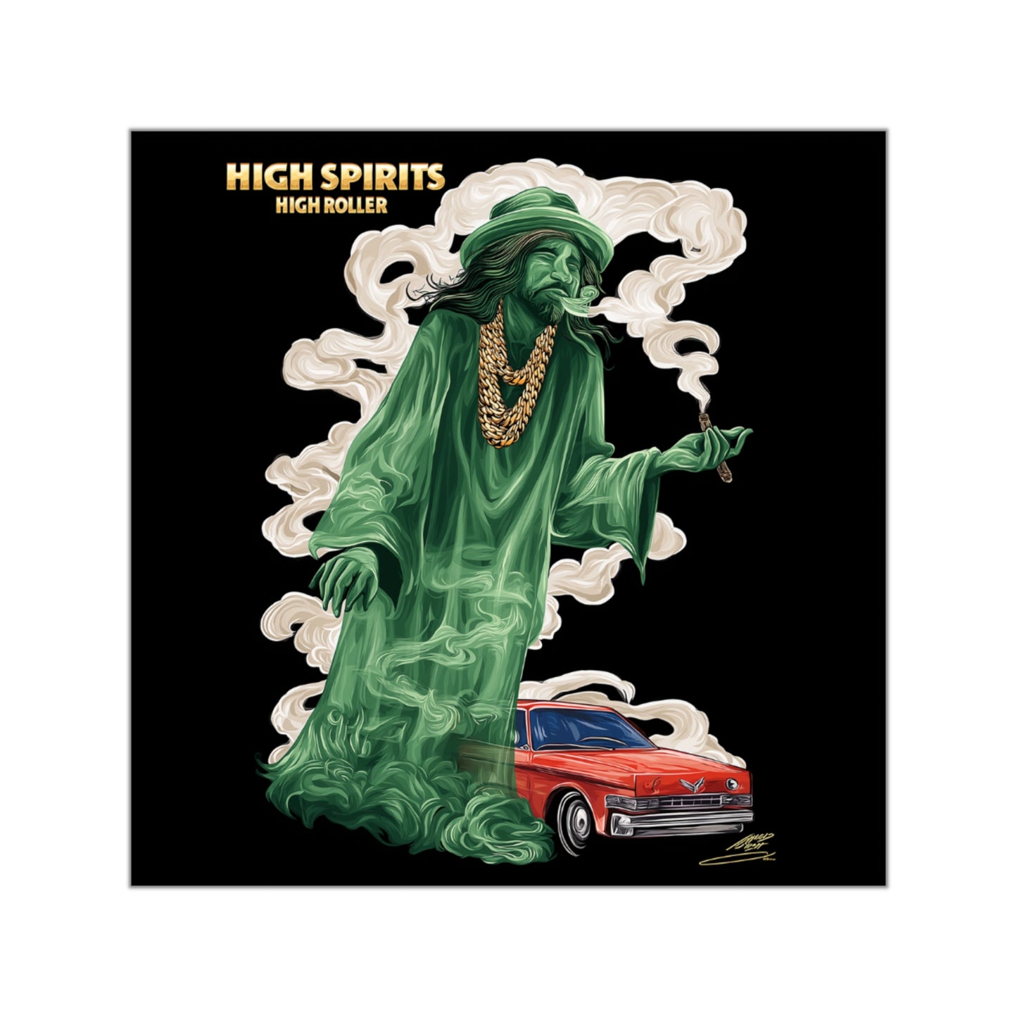 High Spirits Cannabis Ghost Lowrider Sticker - Luxury Smoke Phantom Street Art - HIGH ROLLER Premium 3x3 Vinyl