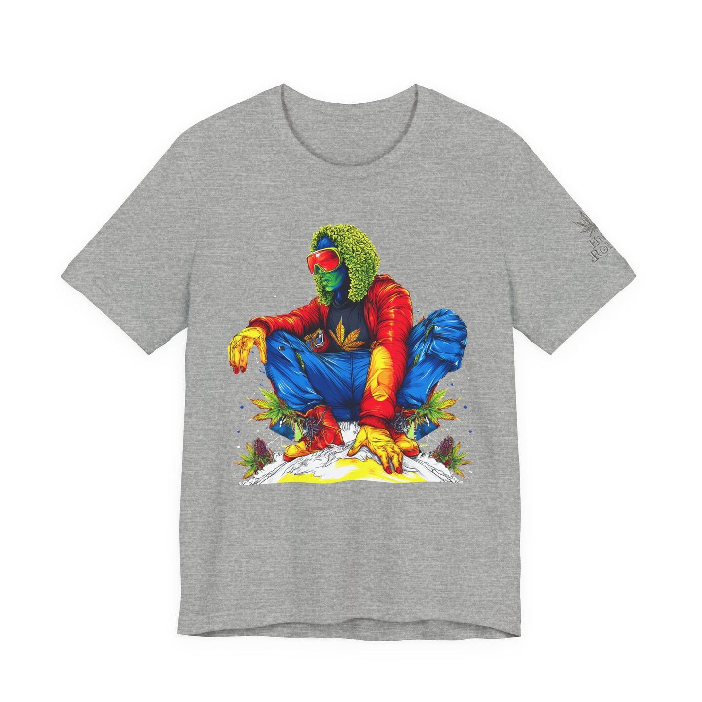 Psychedelic Chill Premium Cannabis Culture T-Shirt - Vibrant Street Art With Rainbow Color Explosion And Meditative Pose