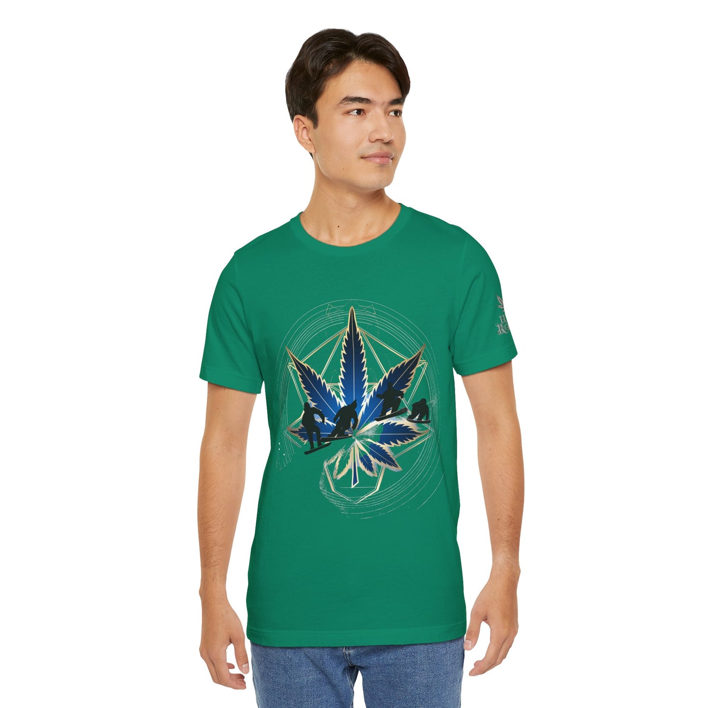 Sacred Geometry Snowboard Premium Cannabis Culture T-Shirt - Emerald Green Tee With Action Sports And Crystalline Cannabis Geometric Mandala