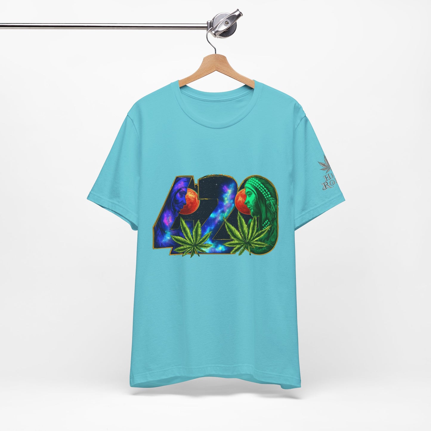 420 Cosmic Connection Premium Cannabis Culture T-Shirt - Bold Typography With Celestial Profiles And Luminous Cannabis Leaf Design