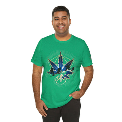 Sacred Geometry Snowboard Premium Cannabis Culture T-Shirt - Emerald Green Tee With Action Sports And Crystalline Cannabis Geometric Mandala