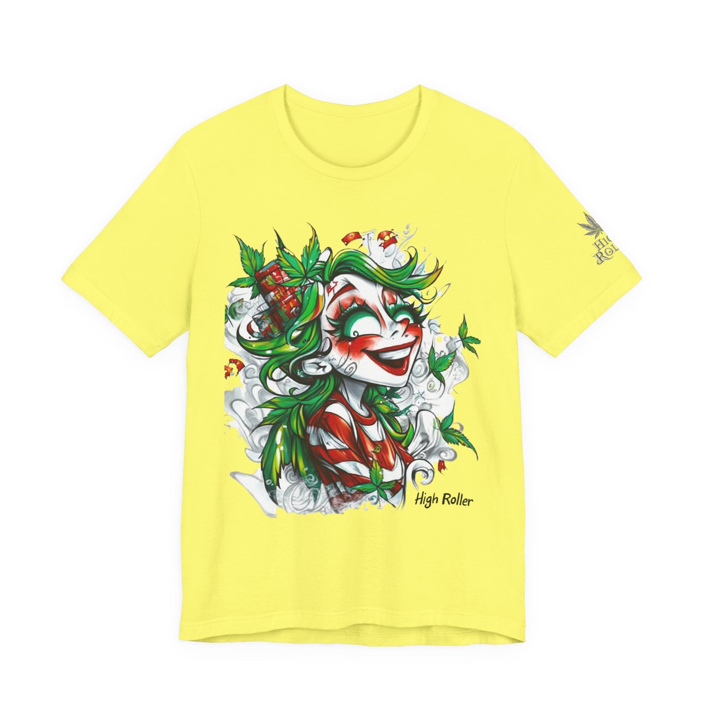 High Roller Jester Queen Cannabis T-Shirt - Premium 420 Harlequin Beauty Holiday Celebration Apparel