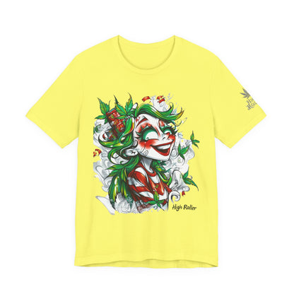 High Roller Jester Queen Cannabis T-Shirt - Premium 420 Harlequin Beauty Holiday Celebration Apparel