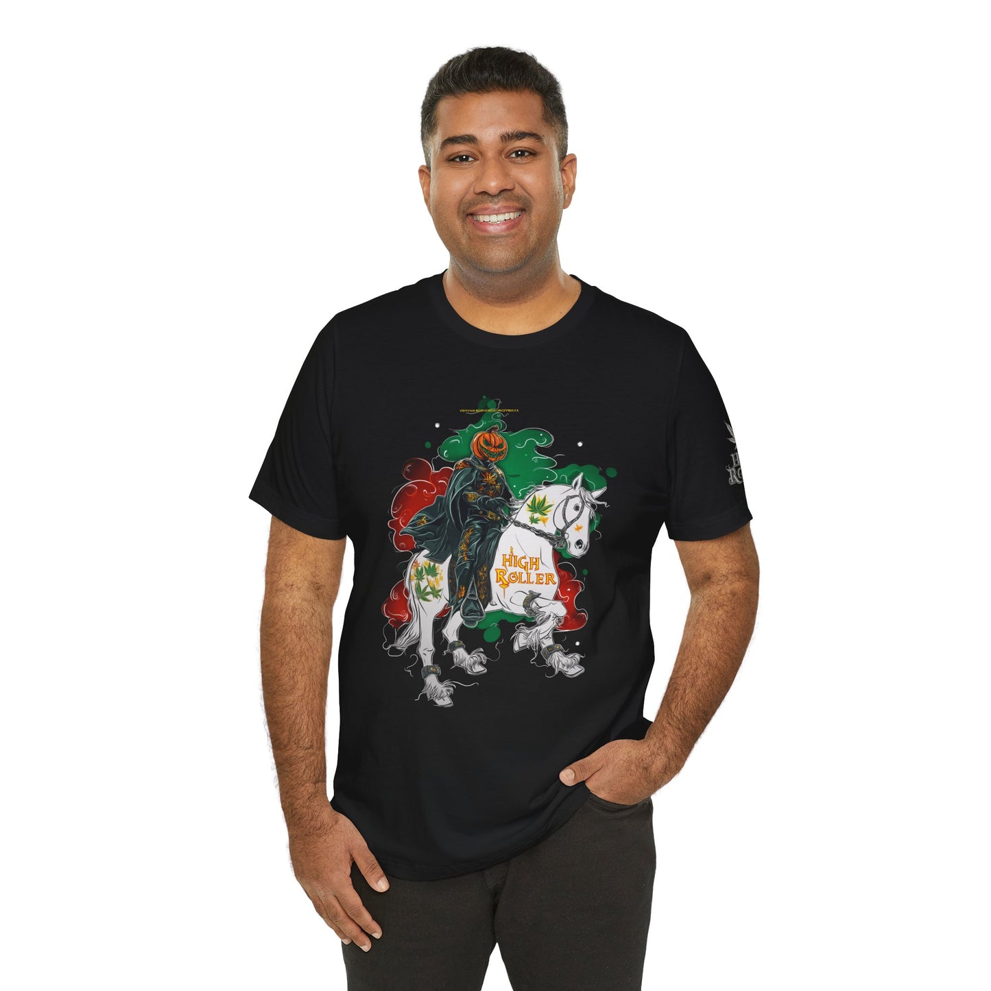 Headless Horseman HIGH ROLLER Halloween Cannabis T-Shirt - Premium Pumpkin Rider Skeletal Steed 420 Apparel