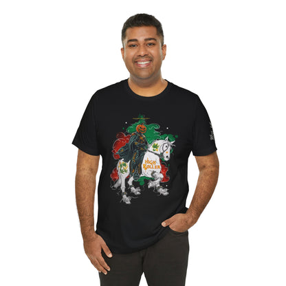 Headless Horseman HIGH ROLLER Halloween Cannabis T-Shirt - Premium Pumpkin Rider Skeletal Steed 420 Apparel
