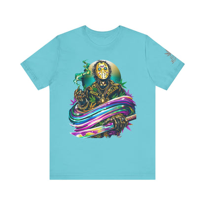 Psychedelic Jason Swoosh Cannabis T-Shirt - Premium Horror 420 Orange Edition Apparel