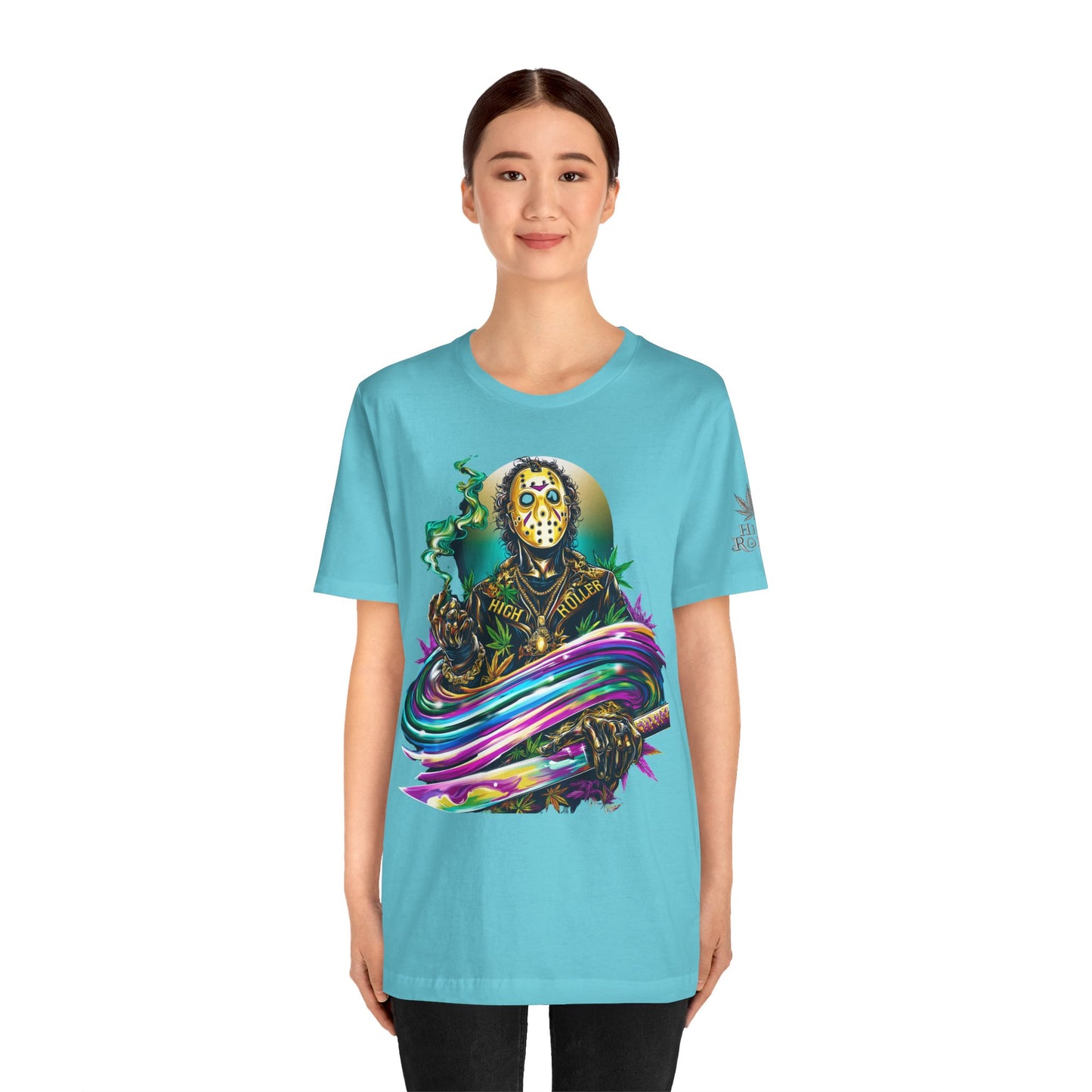 Psychedelic Jason Swoosh Cannabis T-Shirt - Premium Horror 420 Orange Edition Apparel