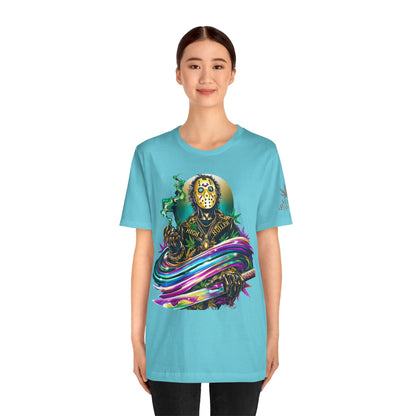 Psychedelic Jason Swoosh Cannabis T-Shirt - Premium Horror 420 Orange Edition Apparel