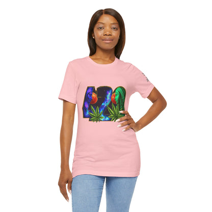 420 Cosmic Connection Premium Cannabis Culture T-Shirt - Bold Typography With Celestial Profiles And Luminous Cannabis Leaf Design