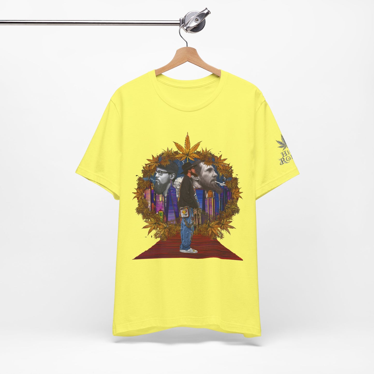 Red Carpet Royalty Premium Cannabis Culture T-Shirt - Hip-Hop Legends Tribute With Golden Cannabis Wreath And City Skyline