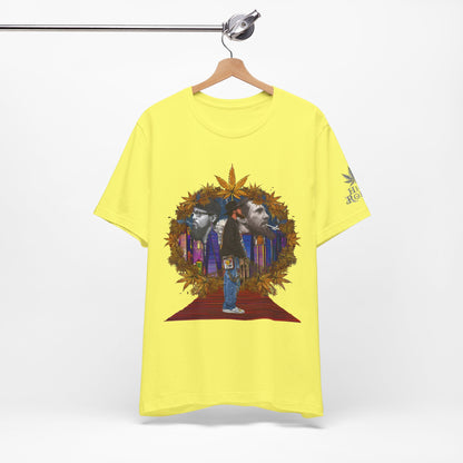 Red Carpet Royalty Premium Cannabis Culture T-Shirt - Hip-Hop Legends Tribute With Golden Cannabis Wreath And City Skyline