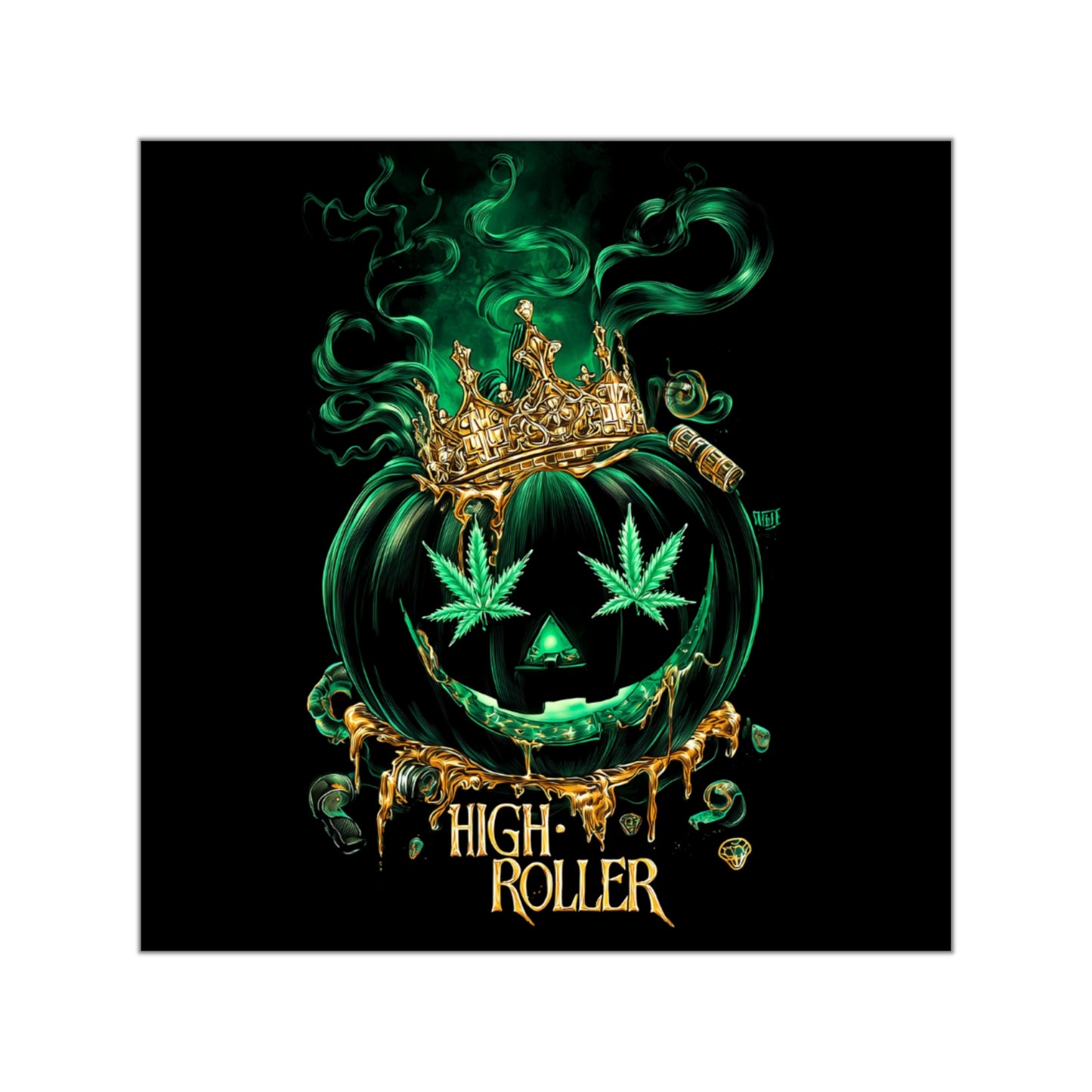 Royal Cannabis Jack-O-Lantern Crown Sticker - Luxury Emerald Halloween King - HIGH ROLLER Premium 3x3 Vinyl