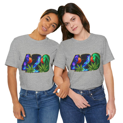 420 Cosmic Connection Premium Cannabis Culture T-Shirt - Bold Typography With Celestial Profiles And Luminous Cannabis Leaf Design