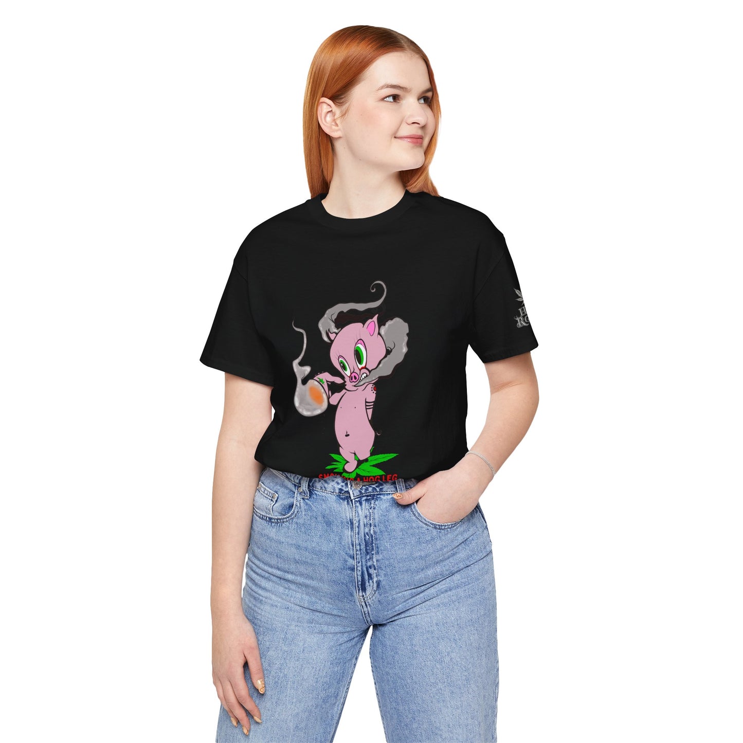 Smoking Hog Leg Pink Pig Tee - Premium Airlume Cotton Cannabis Culture Art