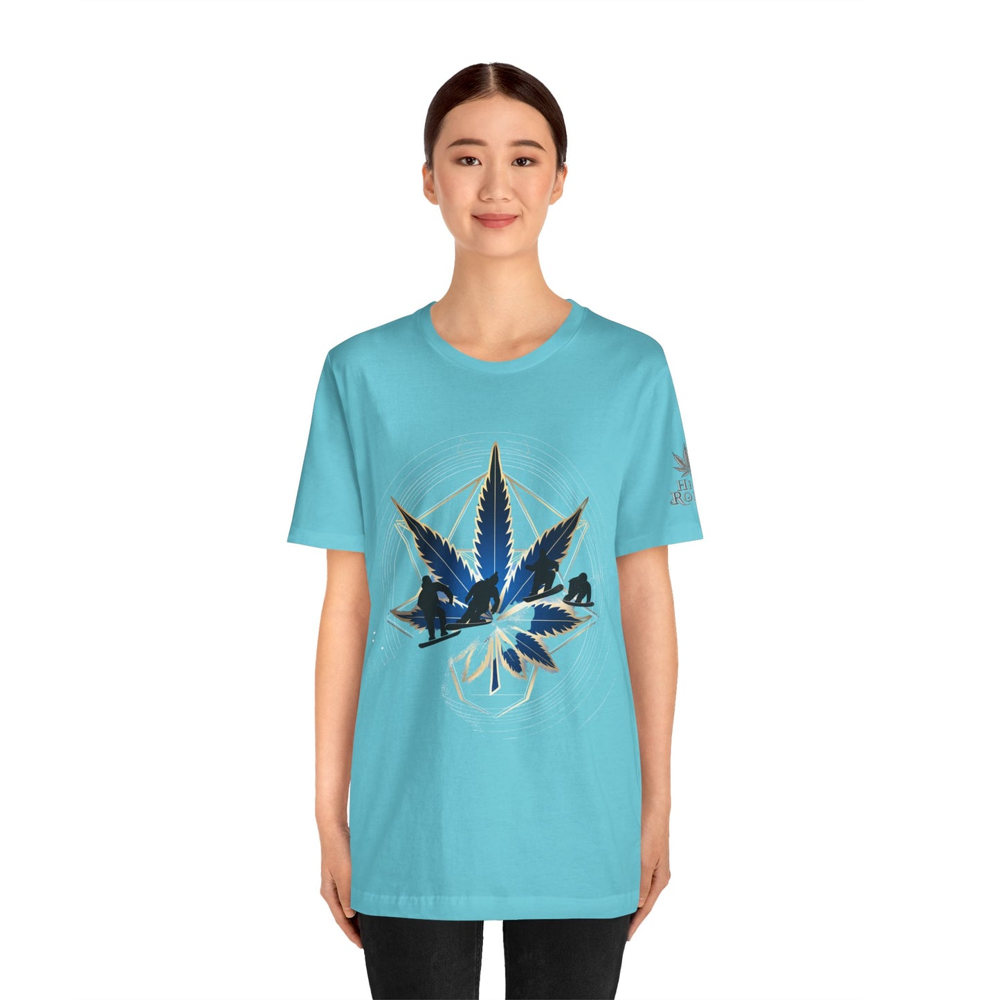 Sacred Geometry Snowboard Premium Cannabis Culture T-Shirt - Emerald Green Tee With Action Sports And Crystalline Cannabis Geometric Mandala