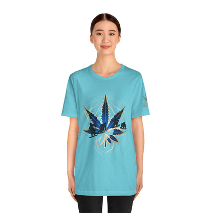 Sacred Geometry Snowboard Premium Cannabis Culture T-Shirt - Emerald Green Tee With Action Sports And Crystalline Cannabis Geometric Mandala