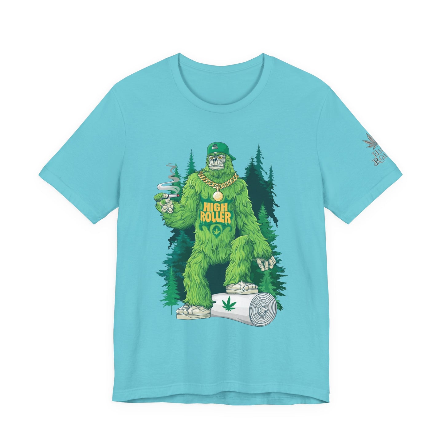 Bigfoot HIGH ROLLER Halloween Cannabis Forest T-Shirt - Premium Sasquatch Lifestyle Legend 420 Apparel