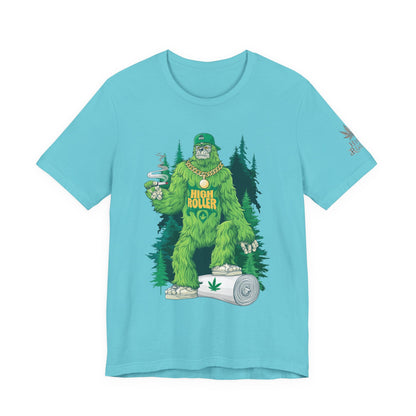 Bigfoot HIGH ROLLER Halloween Cannabis Forest T-Shirt - Premium Sasquatch Lifestyle Legend 420 Apparel