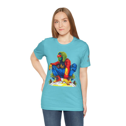 Psychedelic Chill Premium Cannabis Culture T-Shirt - Vibrant Street Art With Rainbow Color Explosion And Meditative Pose