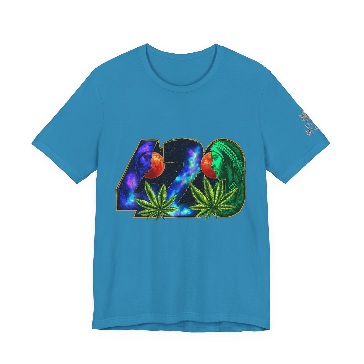 420 Cosmic Connection Premium Cannabis Culture T-Shirt - Bold Typography With Celestial Profiles And Luminous Cannabis Leaf Design