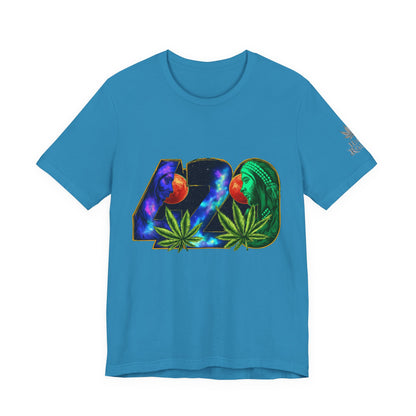 420 Cosmic Connection Premium Cannabis Culture T-Shirt - Bold Typography With Celestial Profiles And Luminous Cannabis Leaf Design
