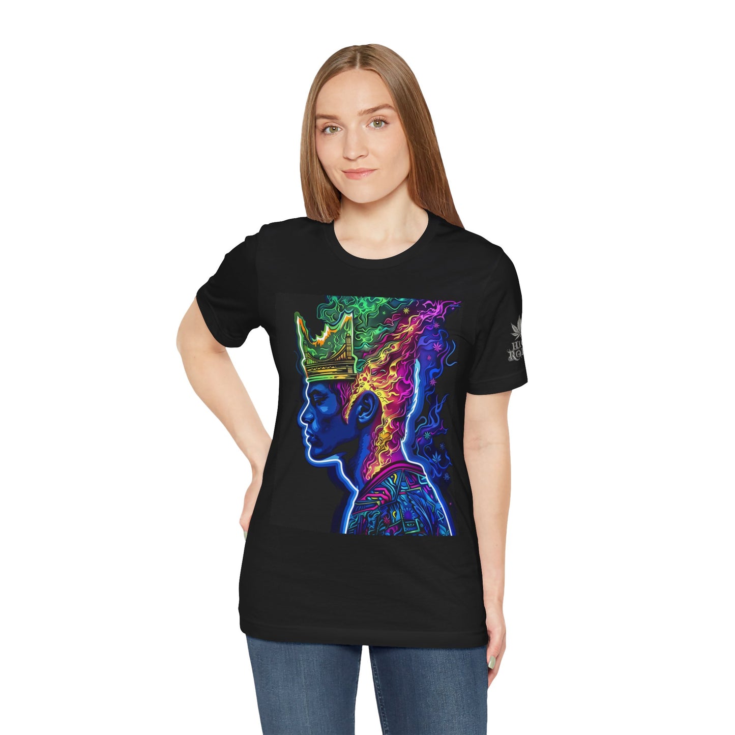 Crown Of Consciousness Premium Cannabis Culture Black T-Shirt - Neon Psychedelic Queen With Rainbow Smoke Crown And Urban Fashion Elements