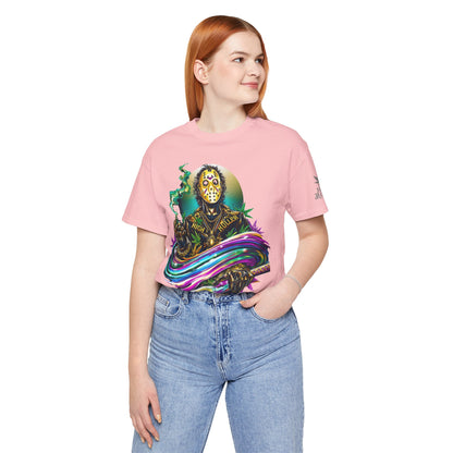 Psychedelic Jason Swoosh Cannabis T-Shirt - Premium Horror 420 Orange Edition Apparel