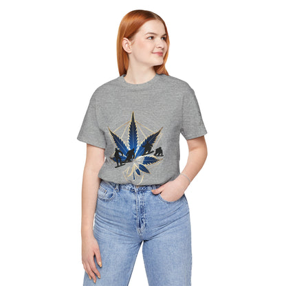 Sacred Geometry Snowboard Premium Cannabis Culture T-Shirt - Emerald Green Tee With Action Sports And Crystalline Cannabis Geometric Mandala