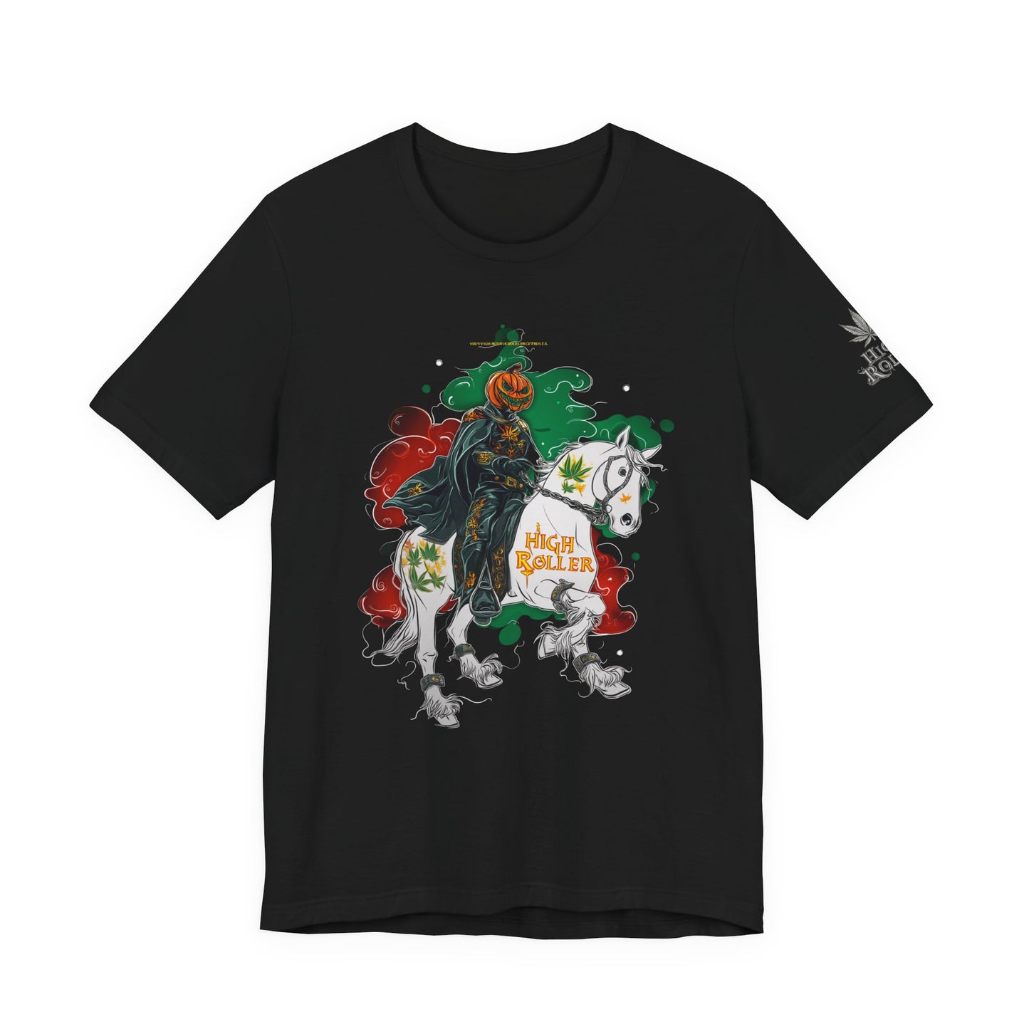 Headless Horseman HIGH ROLLER Halloween Cannabis T-Shirt - Premium Pumpkin Rider Skeletal Steed 420 Apparel