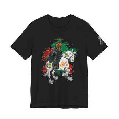 Headless Horseman HIGH ROLLER Halloween Cannabis T-Shirt - Premium Pumpkin Rider Skeletal Steed 420 Apparel