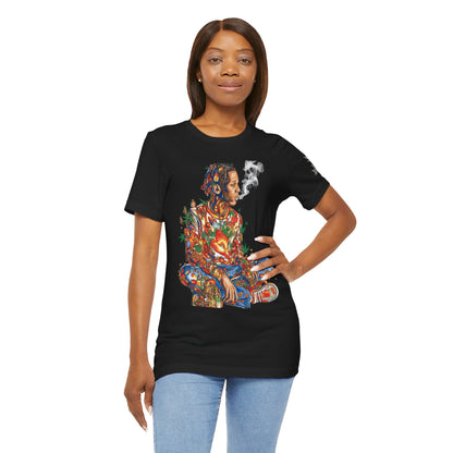 High Roller Meditation Mosaic Cannabis T-Shirt - Premium 420 Hip-Hop Zen Cross-Legged Street Culture Artistic Collage Apparel