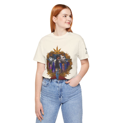 Red Carpet Royalty Premium Cannabis Culture T-Shirt - Hip-Hop Legends Tribute With Golden Cannabis Wreath And City Skyline