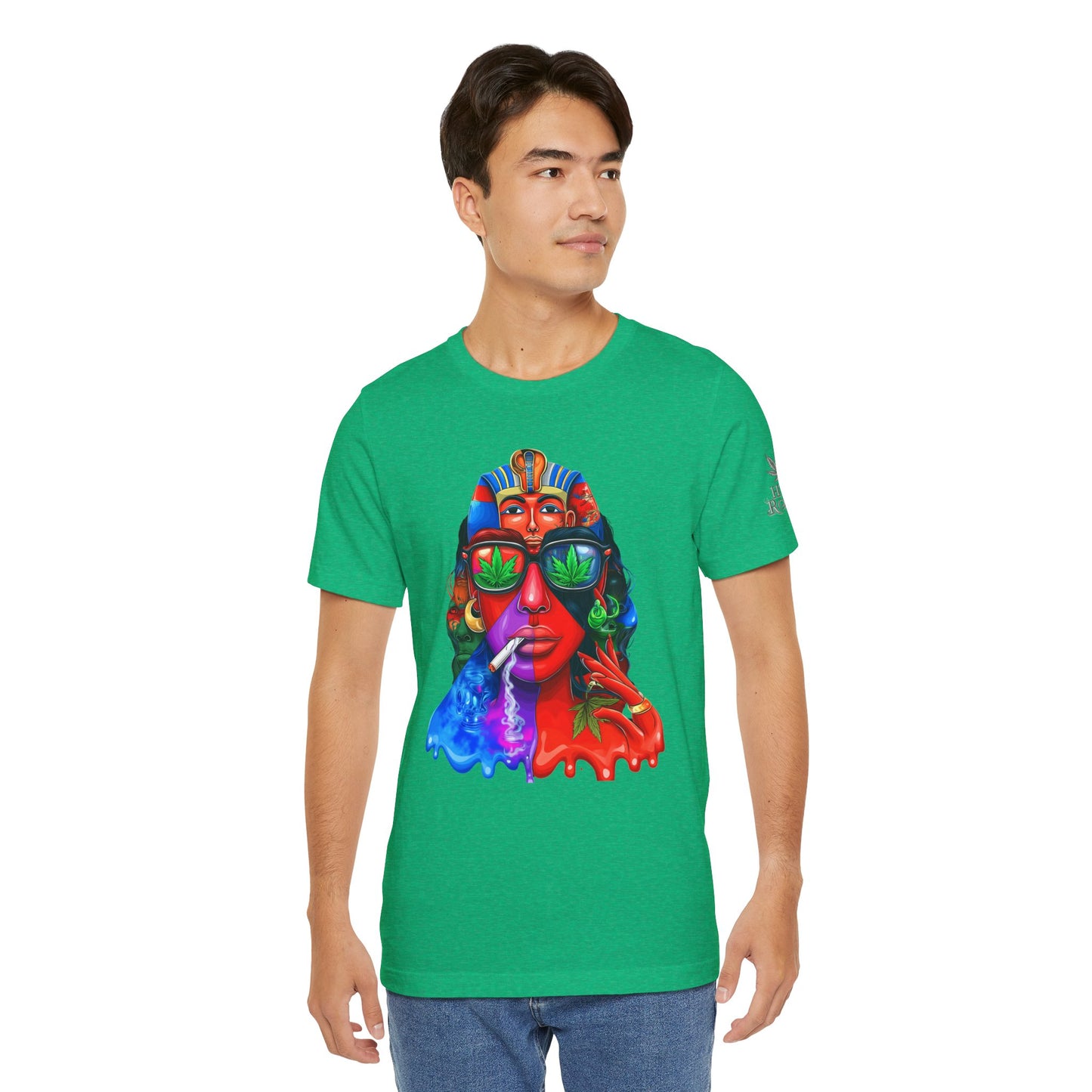 Pharaoh Vision Premium Cannabis Culture T-Shirt - Ancient Egyptian Royalty With Modern Cannabis Celebration And Psychedelic Split-Face Art