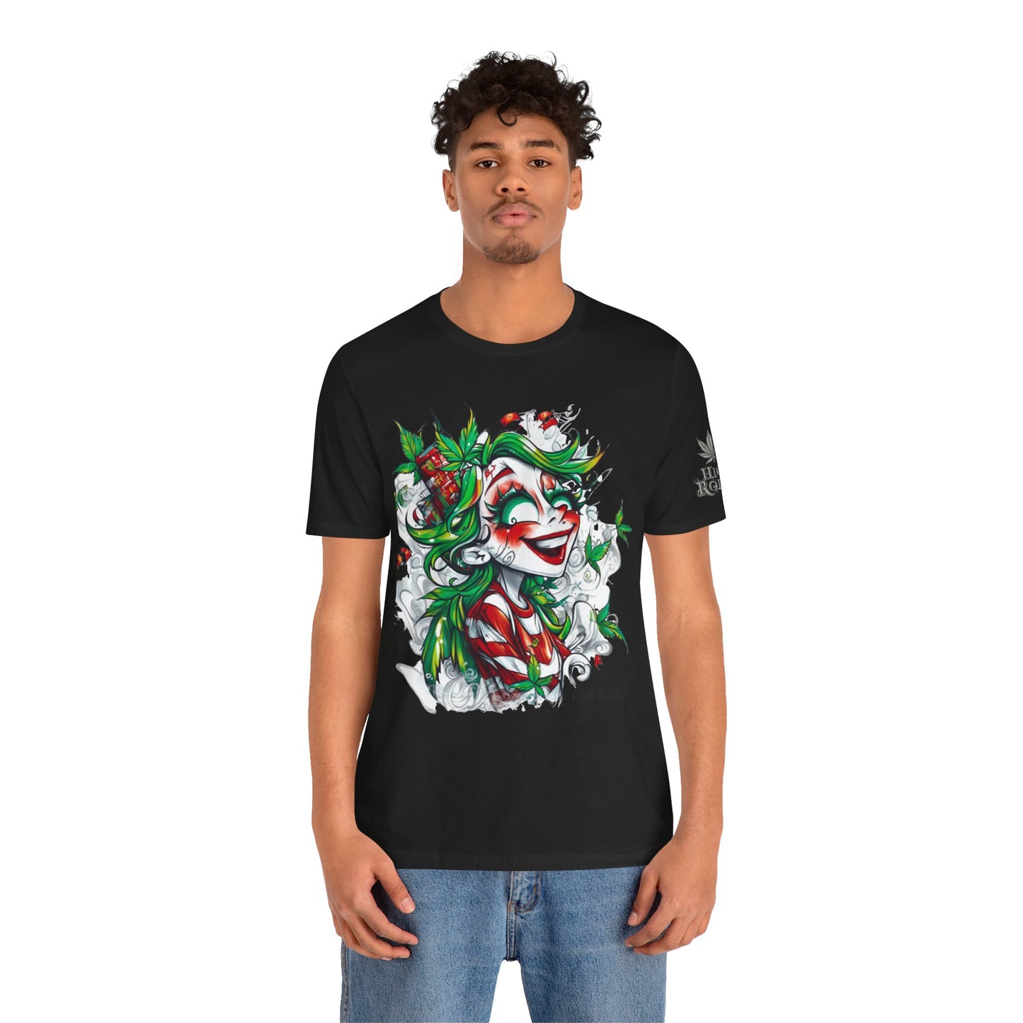 High Roller Jester Queen Cannabis T-Shirt - Premium 420 Harlequin Beauty Holiday Celebration Apparel