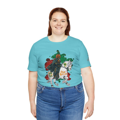 Headless Horseman HIGH ROLLER Halloween Cannabis T-Shirt - Premium Pumpkin Rider Skeletal Steed 420 Apparel