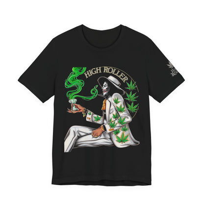 Skeletal HIGH ROLLER Halloween Cannabis Lounge T-Shirt - Premium Death's Day Off Botanical Relaxation 420 Apparel