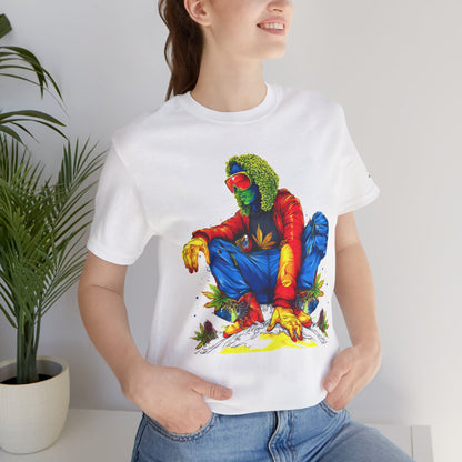 Psychedelic Chill Premium Cannabis Culture T-Shirt - Vibrant Street Art With Rainbow Color Explosion And Meditative Pose