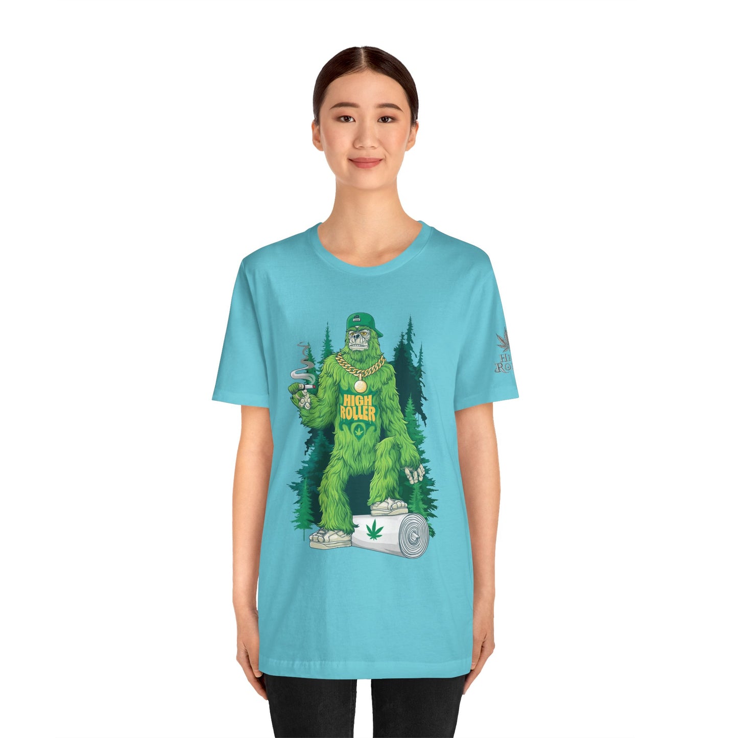 Bigfoot HIGH ROLLER Halloween Cannabis Forest T-Shirt - Premium Sasquatch Lifestyle Legend 420 Apparel