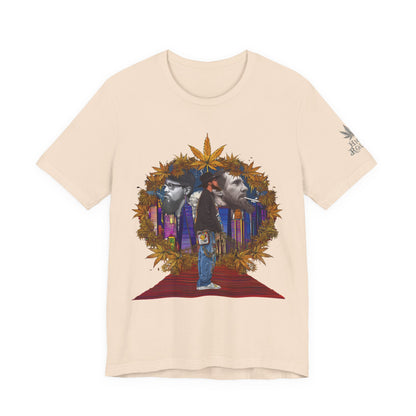 High Roller Red Carpet Cannabis T-Shirt - Premium 420 Hip-Hop Legacy Golden Frame Street Culture Artistic Portrait Apparel