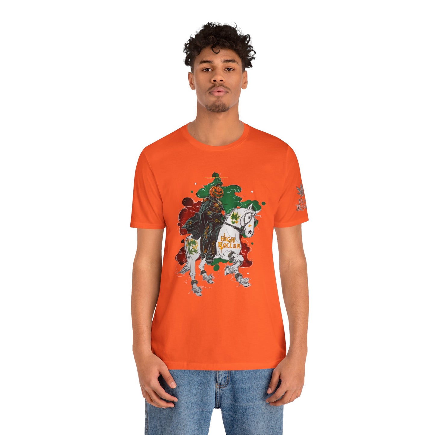 Headless Horseman HIGH ROLLER Halloween Cannabis T-Shirt - Premium Pumpkin Rider Skeletal Steed 420 Apparel