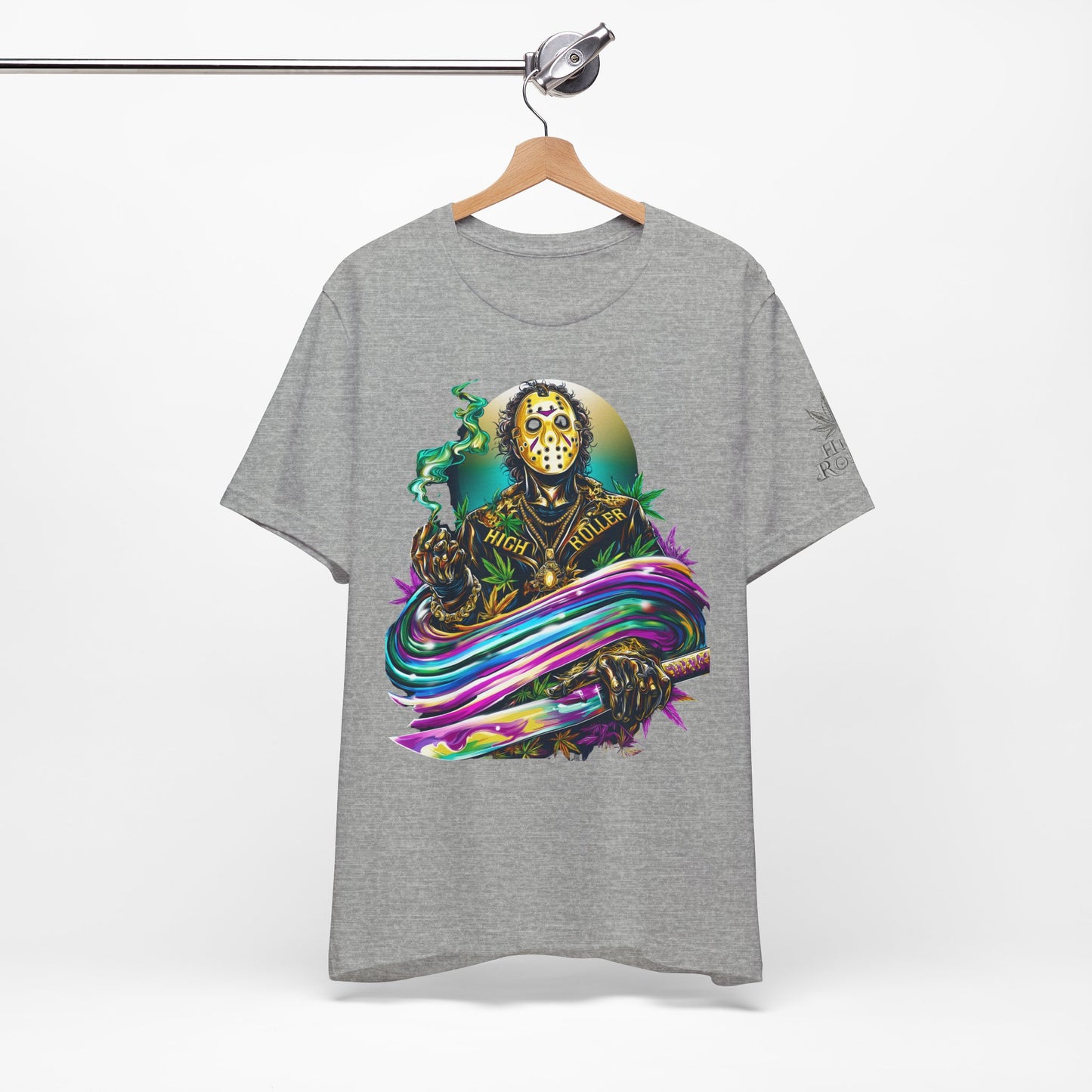 Psychedelic Jason Swoosh Cannabis T-Shirt - Premium Horror 420 Orange Edition Apparel