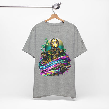 Psychedelic Jason Swoosh Cannabis T-Shirt - Premium Horror 420 Orange Edition Apparel