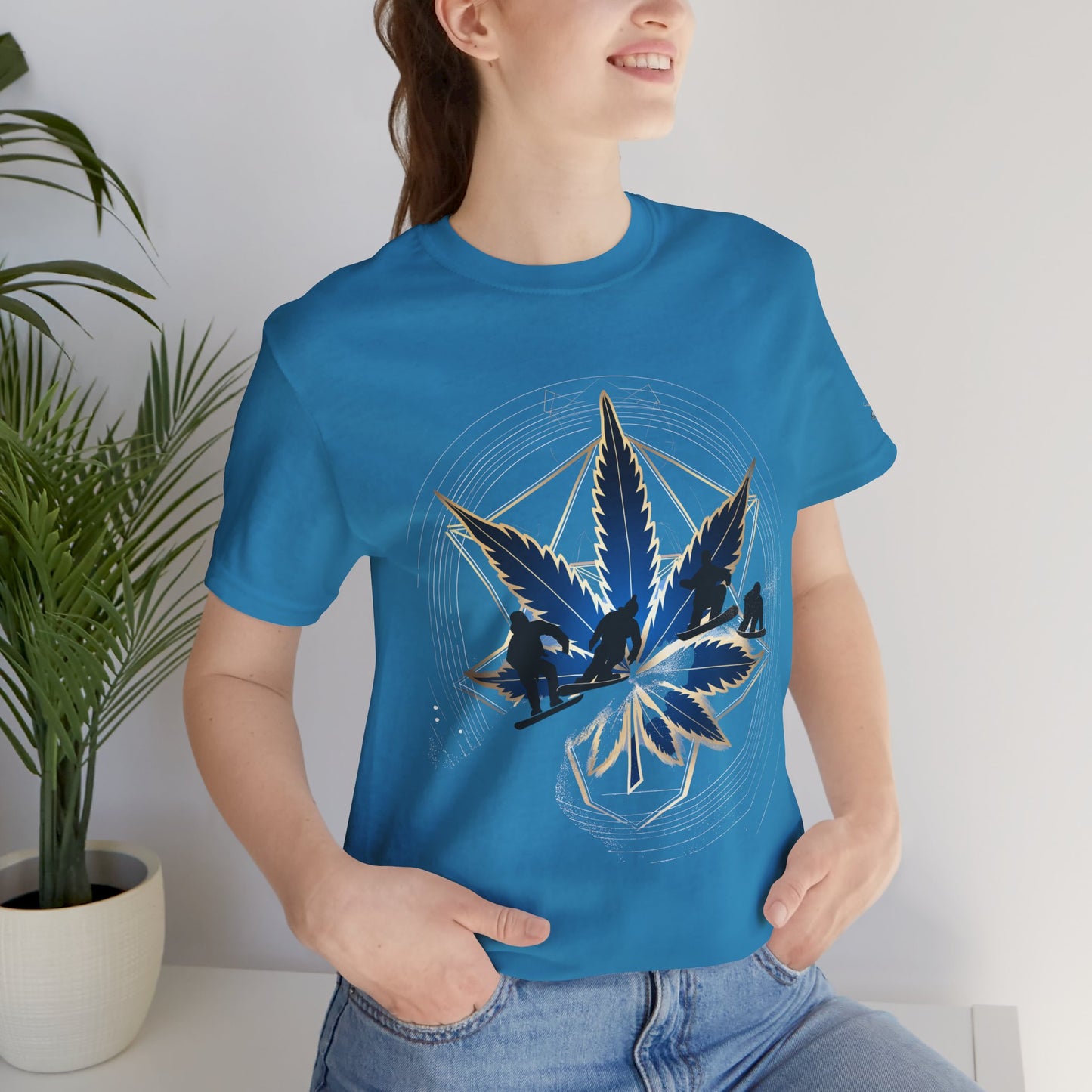 Sacred Geometry Snowboard Premium Cannabis Culture T-Shirt - Emerald Green Tee With Action Sports And Crystalline Cannabis Geometric Mandala