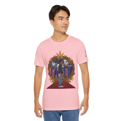 Red Carpet Royalty Premium Cannabis Culture T-Shirt - Hip-Hop Legends Tribute With Golden Cannabis Wreath And City Skyline