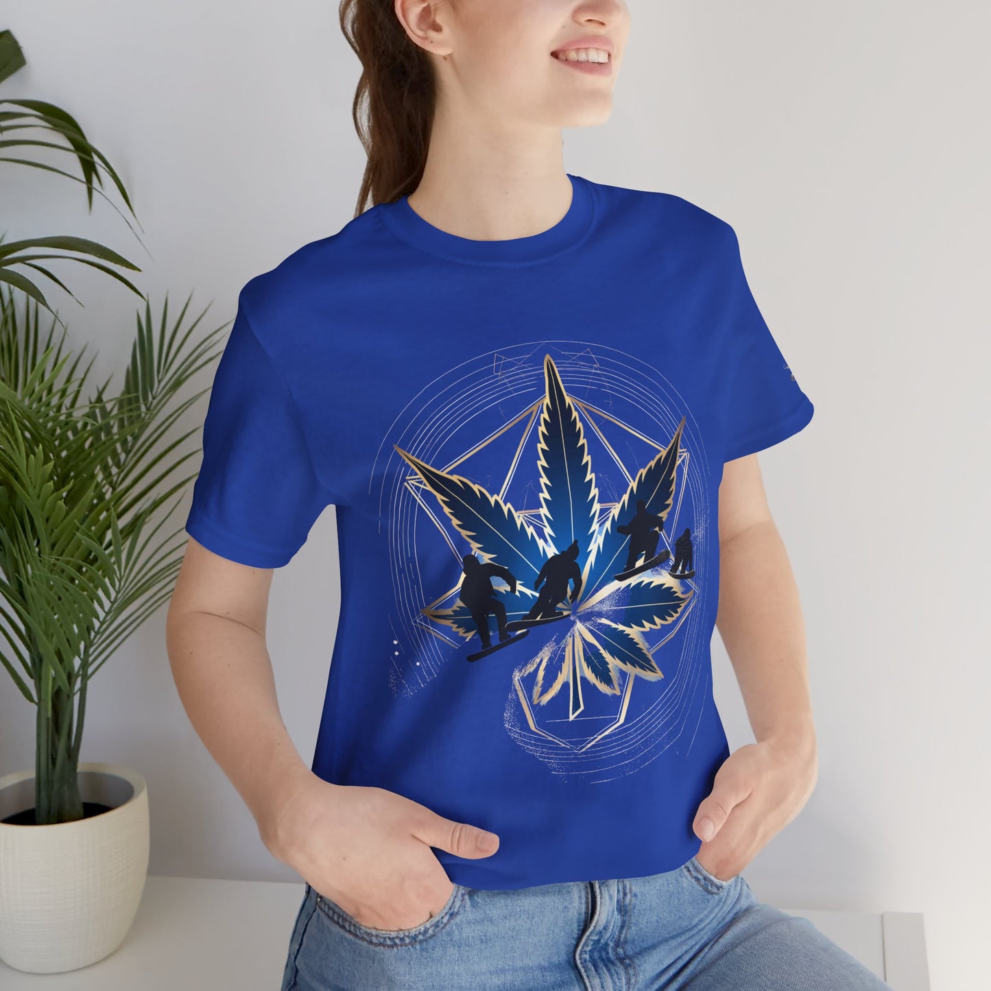 Sacred Geometry Snowboard Premium Cannabis Culture T-Shirt - Emerald Green Tee With Action Sports And Crystalline Cannabis Geometric Mandala