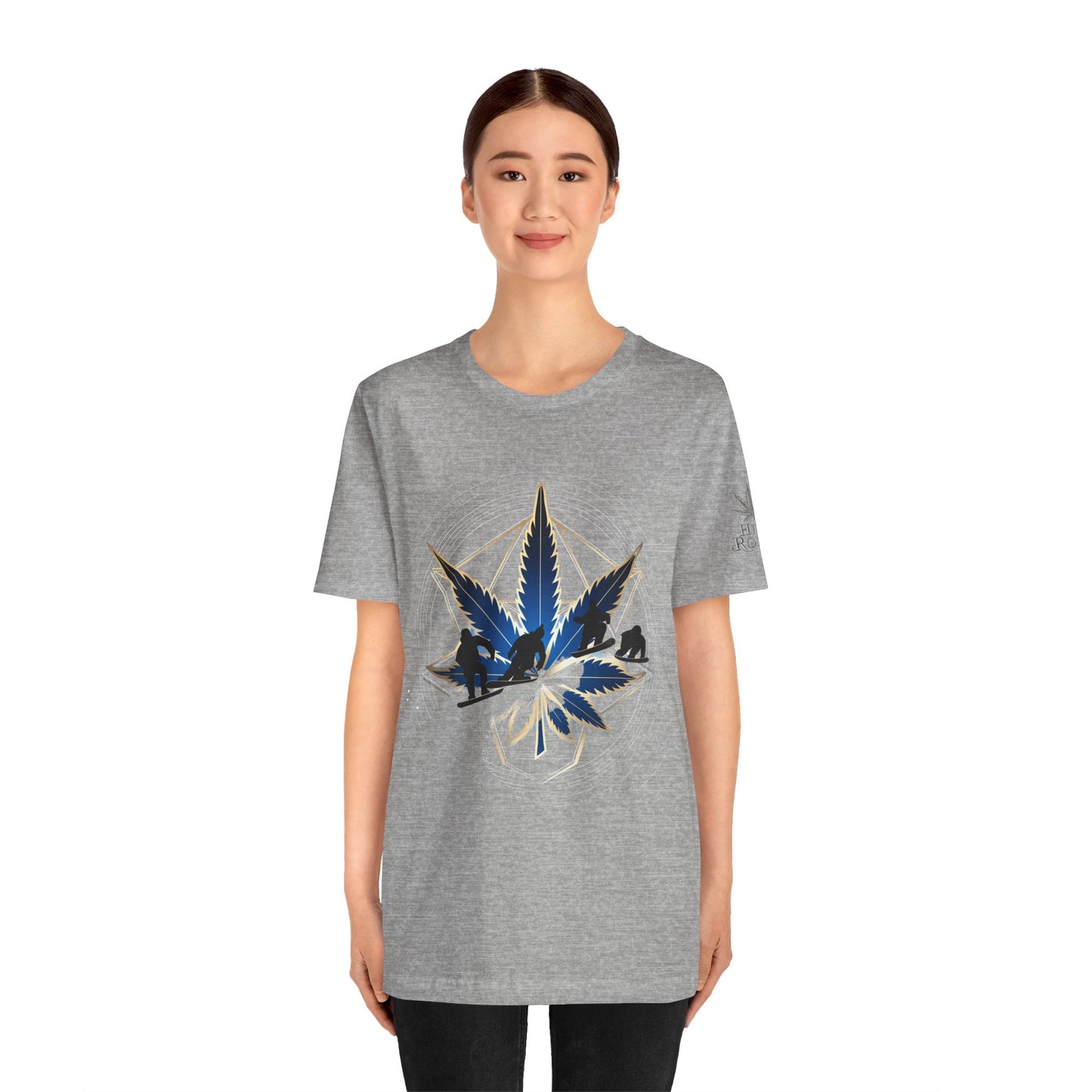 Sacred Geometry Snowboard Premium Cannabis Culture T-Shirt - Emerald Green Tee With Action Sports And Crystalline Cannabis Geometric Mandala