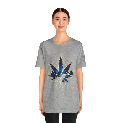 Sacred Geometry Snowboard Premium Cannabis Culture T-Shirt - Emerald Green Tee With Action Sports And Crystalline Cannabis Geometric Mandala