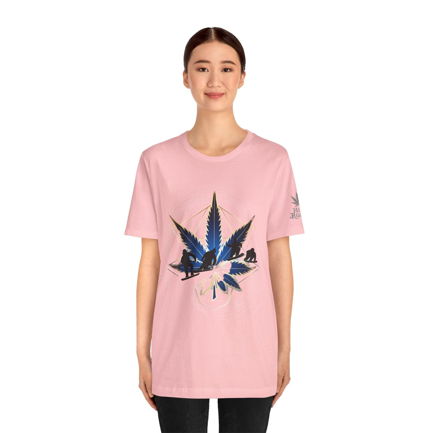 Sacred Geometry Snowboard Premium Cannabis Culture T-Shirt - Emerald Green Tee With Action Sports And Crystalline Cannabis Geometric Mandala