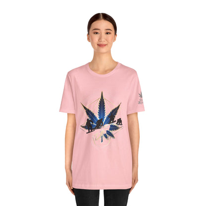 Sacred Geometry Snowboard Premium Cannabis Culture T-Shirt - Emerald Green Tee With Action Sports And Crystalline Cannabis Geometric Mandala